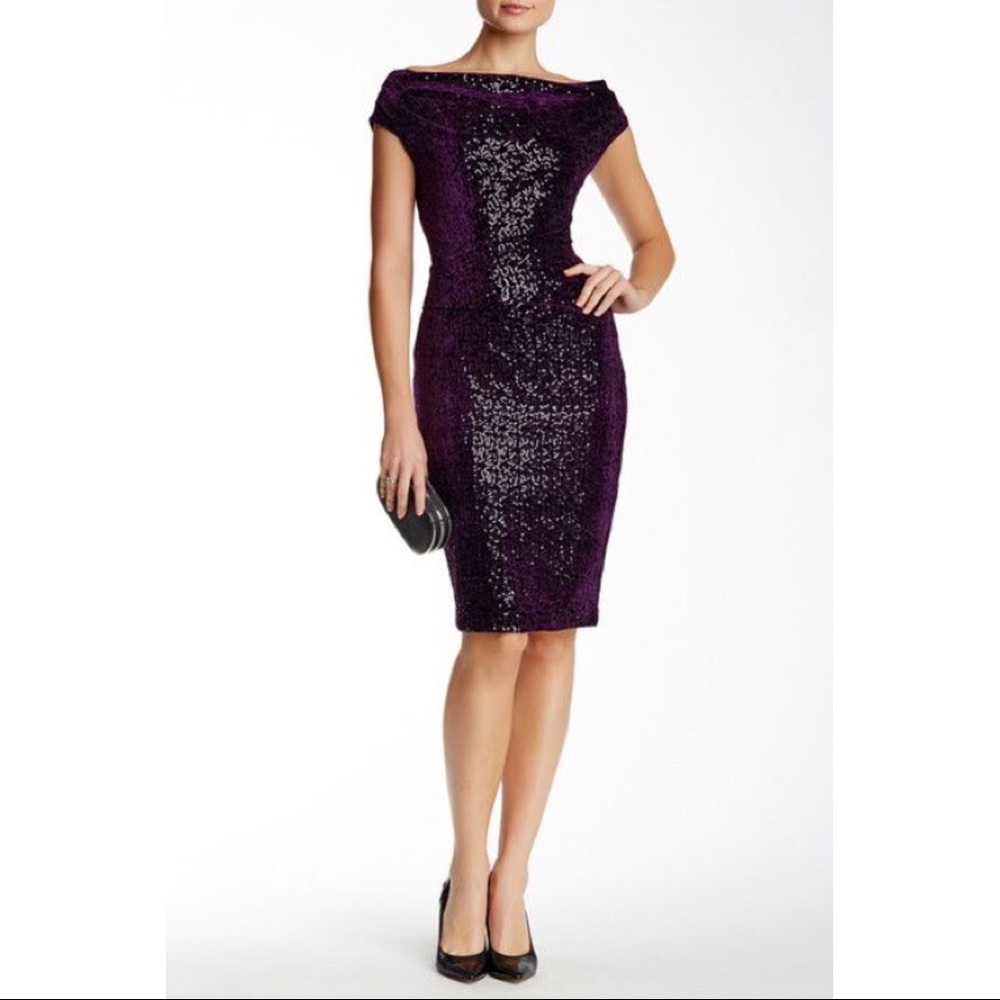 Eliza J • sequin velvet sheath dress purple draped